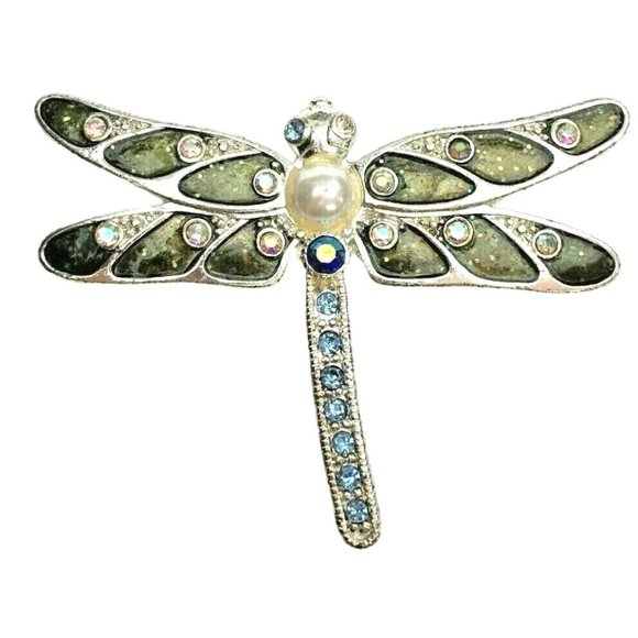 Unbranded Jewelry - Silver Tone Dragonfly Brooch w/ Faux Pearl AB Rhinestones & Glitter Lucite Wings